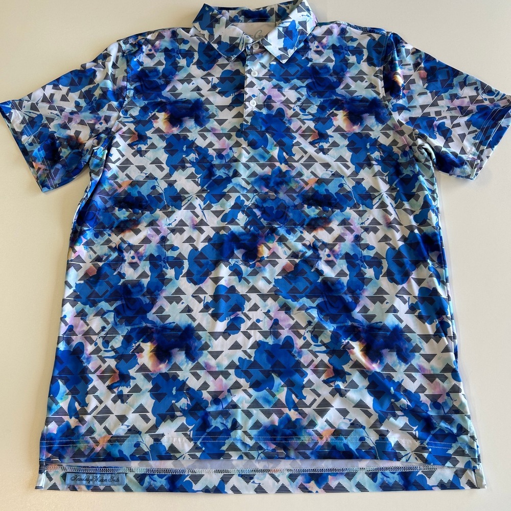 Robert Graham Mens Blue Floral Geometric Golf Polo Shirt Classic Fit Large